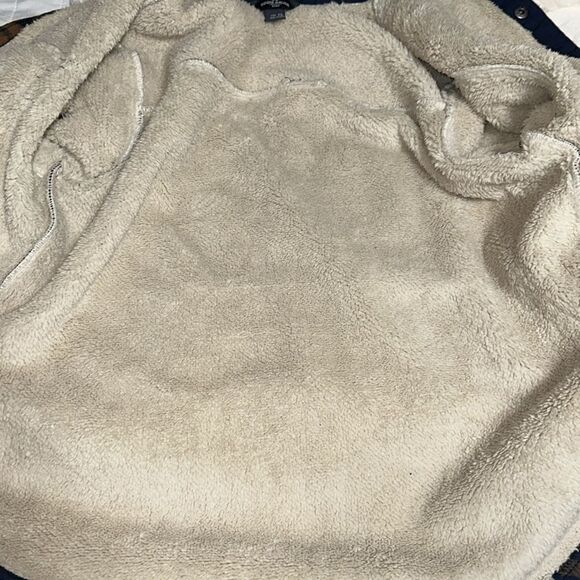 Eddie Bauer Boys XL Faux Shearling Lined Fleece Plaid Navy Brown Ivory Shacket - Picture 12 of 12